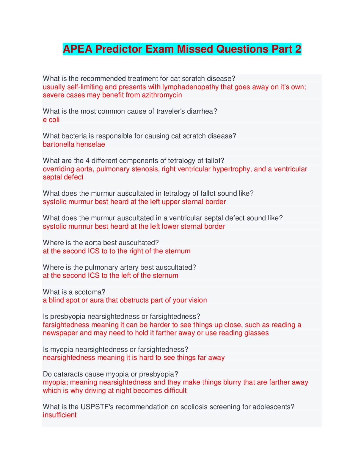 Preview image for APEA Predictor Exam Missed Questions Part 2, Questions with accurate answers, Rated A